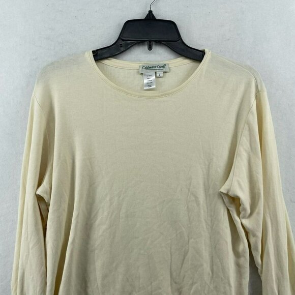 Coldwater Creek Long Sleeve Shirt Women Lg Beige Ivory Plain Cropped Round Neck - Picture 2 of 10
